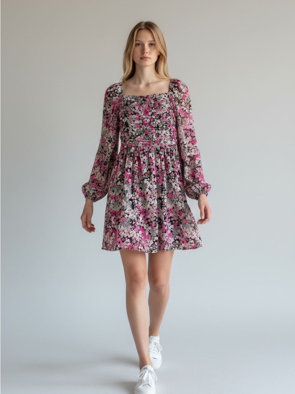 Midnight Doll Floral Chiffon Square Neck Long Sleeve Dress Size S